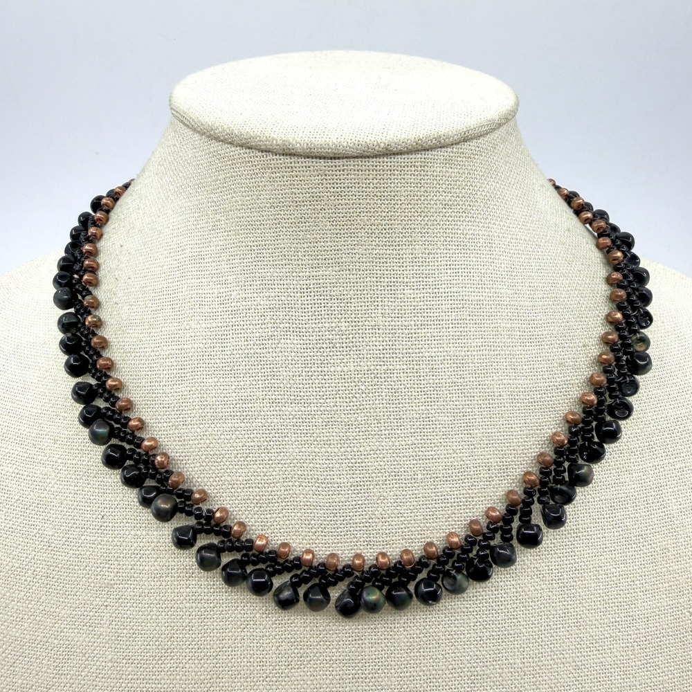 Black Iridescent Teardrop Beaded Bib Necklace Copper Tone Boho Statement Gift